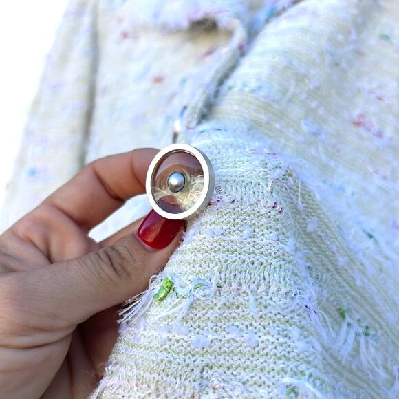 Vintage St. John Boucle Confetti Yarn Eyelash Fringe Green Tweed Knit Blazer 12 - Picture 9 of 13